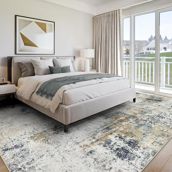 Washable Area Rugs for Living Room 9x12 - Large Neutral Modern Abstract Rug, Soft Low Pile Carpet with Non Slip Backing for Under Dining Room Table, Bedroom, Home, Office, Dorm - Green Yellow