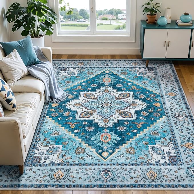 Tangsoo Blue 3x5 Washable Rug, Vintage Indoor Area Rugs, Boho Non Slip Accent Rug Carpet, Soft Low Pile Rugs for Living Room Dorm Bedroom Bedside Entryway Bathroom Home Decor
