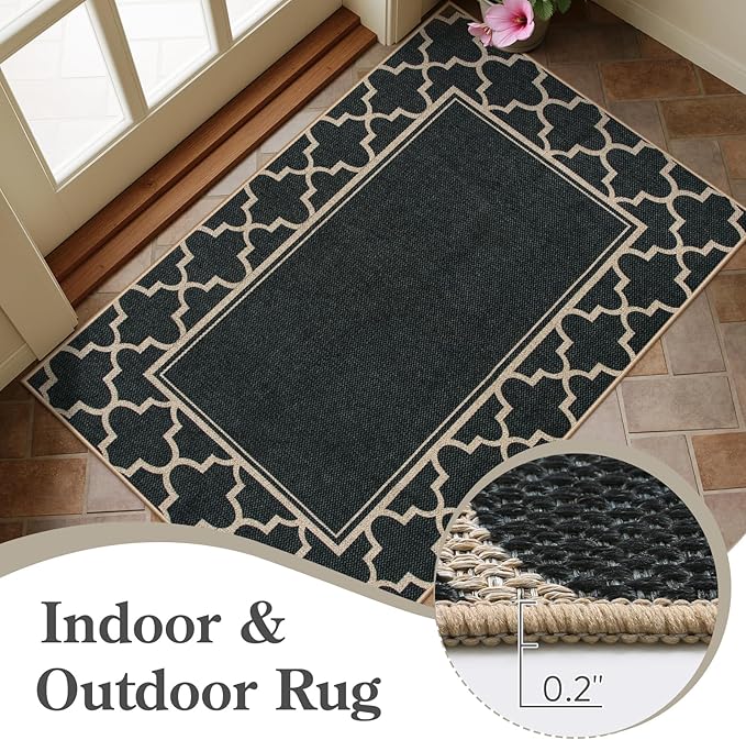 Moynesa Moroccan Easy Jute Outdoor Rug 8x10, Black Washable Living Room Rug Indoor Outdoor Patio Rug Non Slip, Geometric Farmhouse Carpet for Backyard Bedroom Dining Room