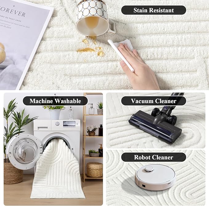 SHACOS Soft Cozy Fluffy Arch Pattern High Low Pile Area Rugs 3'x5' Non Slip Washable Scandinavian Minimalist Rug Modern Geometric Arc Carpet for Living Room Bedroom Dining Room, Cream White