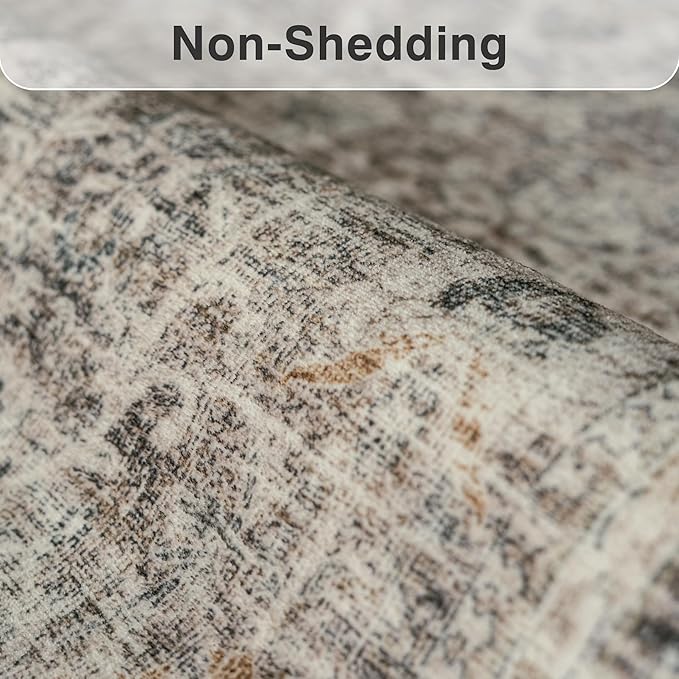 FMFUNCTEX 9x12 Washable Area Rug Vintage Neutral Distressed Large Taupe Non Slip Carpet for Living Room Bedroom Soft Low Pile Indoor Mat Retro Floral Throw Rug for Dining Room Kitchen Office Nursery