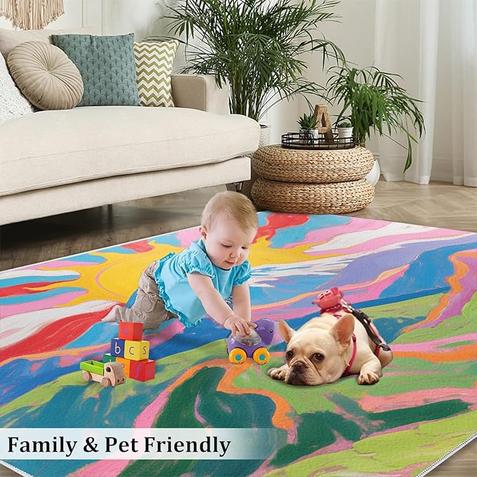 Boho Sun Runner Rugs 3x6ft, Watercolor Mountain Bedside Rug, Abstraction Deco Laundry Rug with Non Slip Backing for Bedroom Kitchen Sink Front Door Entryway Indoor