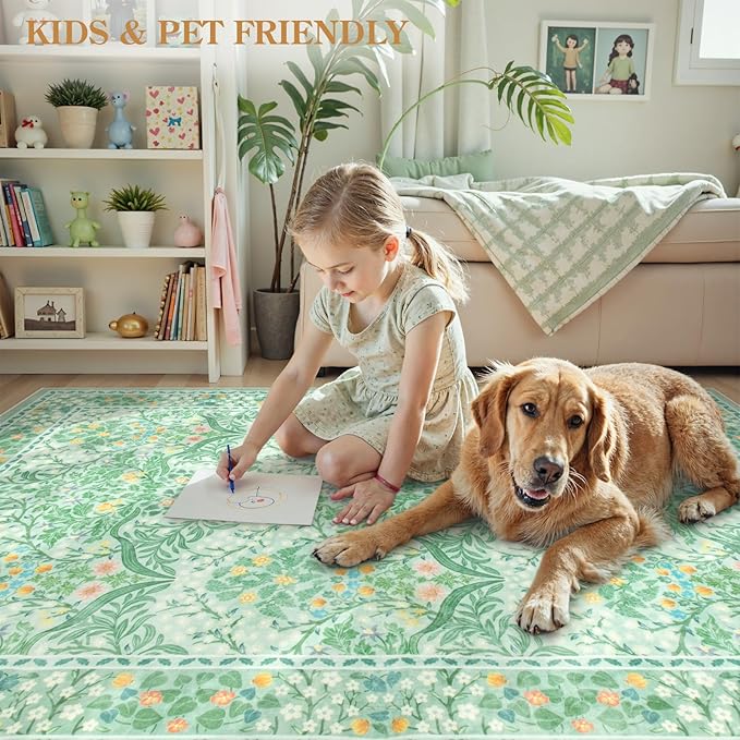 Lahome Floral Washable Rugs 8x10, Soft 8x10 Area Rugs for Living Room Bedroom, Boho Non-Slip Green Forest Design Large Throw Carpet for Farmhouse Dining Room Office, Sage Green