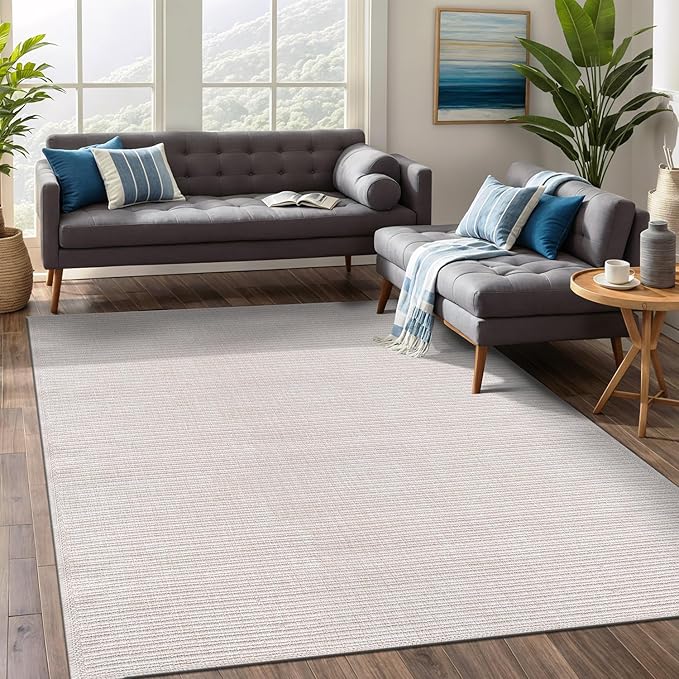Beverly Rug Easy Jute Off White Rug 5x7 Solid Washable Durable Outdoor Indoor Area Rugs for Living Dining Room Patio Office Stain Resistant Non Shedding Casual Indoor Outside Carpet (5 x 7 Off-White)