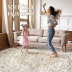 Round Rug Living Room Rugs: 8Ft Washable Boho Neutral Large Circle Soft Indoor Floral Stain Resistant Floor Farmhouse Carpet for Bedroom Nursery Kids Playroom Office Dining Room Dorm Home- Cream Blue