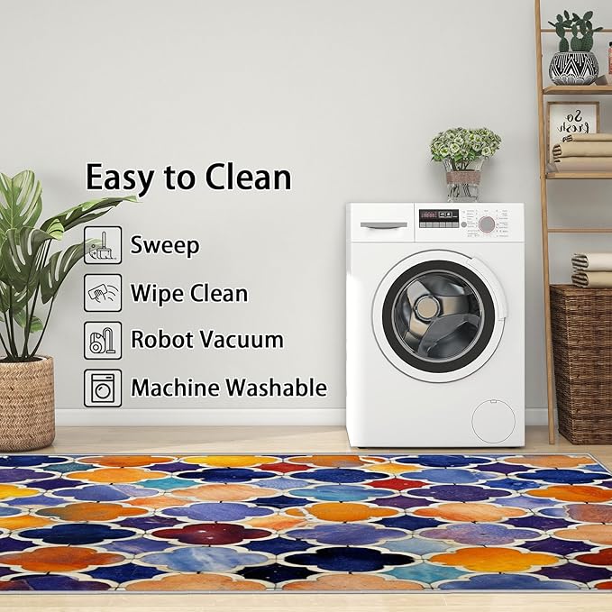 Moroccan Rugs for Living Room - 7x10 ft, Moroccan Trellis Rug, Colorful Geometric Area Rugs for Living Room Bedroom, Oriental Tile Washable Rug Non-Slip Carpet, Traditional Patchwork Home Decor