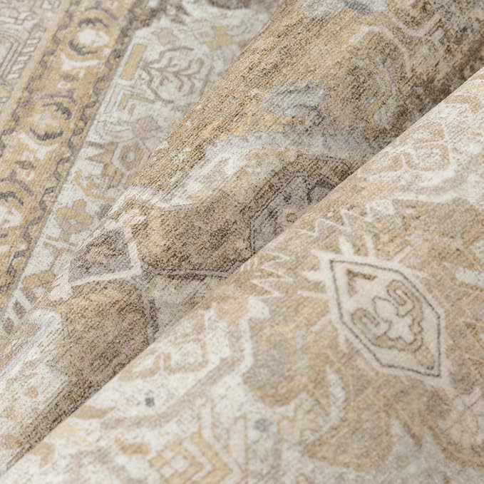 3x5 Washable Vintage Area Rug for Living Room Bedroom Non Slip Distressed Traditional Soft Runner Rug Beige Brown Low Pile Lightweight Floral Carpet Entrance Laundry Room Kitchen