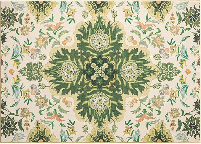 Phantoscope Washable Area Rug 5'x7' Non-Slip, Vintage Boho Rugs for Living Room, Bedroom, Dining Room, Neutral Green Floral Medallion Pattern, Low-Pile Foldable Floor Carpet, Forest Green/Cream