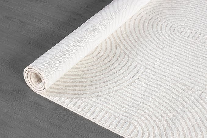 Beverly Rug Modern Geometric Area Rug 8x10 Low-High Pile Durable Soft Abstract Semi-Circles Indoor Rugs for Living Dining Room Office Stain Resistant Non Shedding Indoor Carpet Beige White 8 x 10