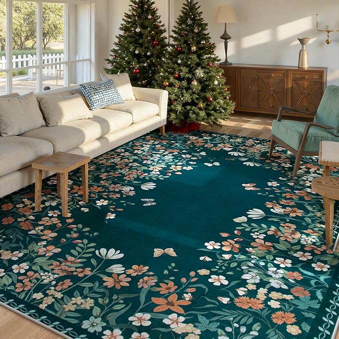 Wonnitar Washable 8x10 Area Rug, Non-Slip Teal Green Floral Rugs for Living Room, Low Pile Soft Bedroom Rug, Stain Resistant Floor Carpet for Dining Room(Teal Green,8'x10')