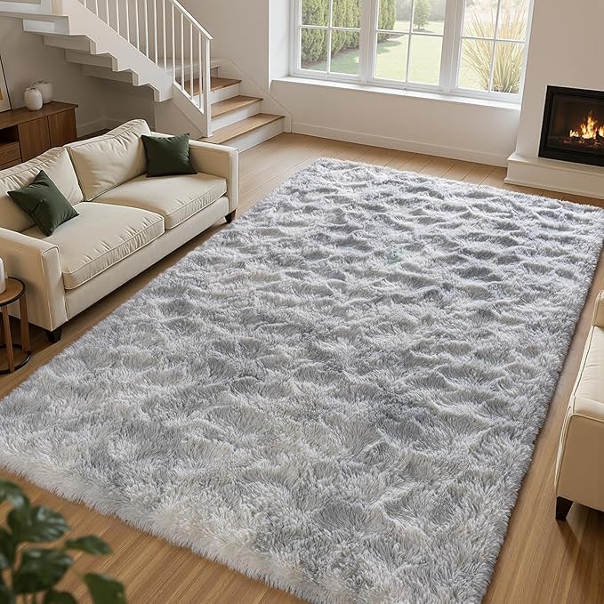 Zentavio Grey and White Area Rugs for Living Room Large Men Room Carpet 6x9 Bedroom Fluffy Furry Shag Aesthetic Plush High Pile Floor Rug for Kids Room Dorm Home Decor Tie-Dyed Grey White