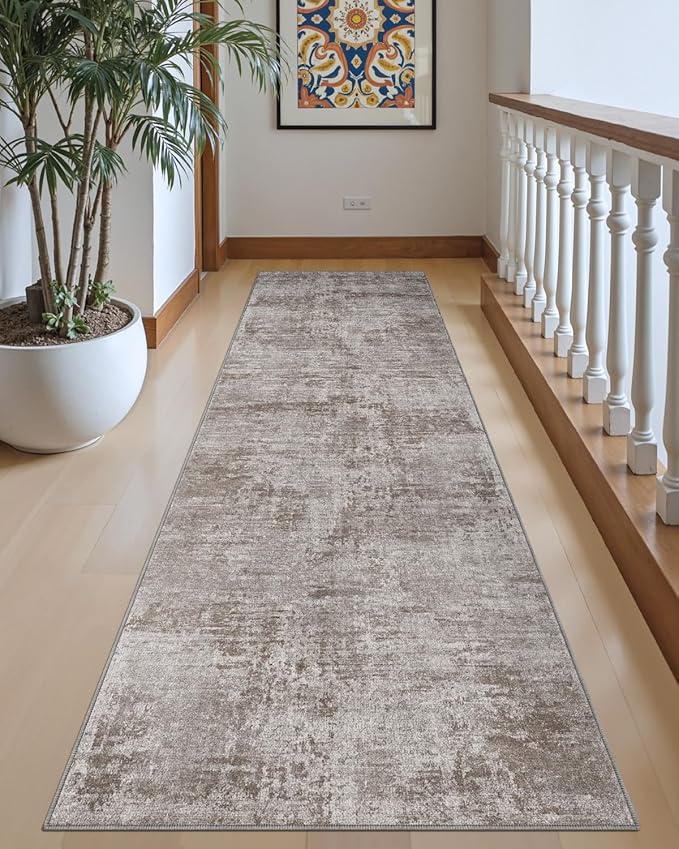 DEXI Hallway Runner Rug 3x8, Modern Abstract Non Slip Thin Soft Runners Carpet, Stain Resistant Washable Indoor Rug for Hallway Entryway Kitchen Laundry Room Living Room, Red Brown