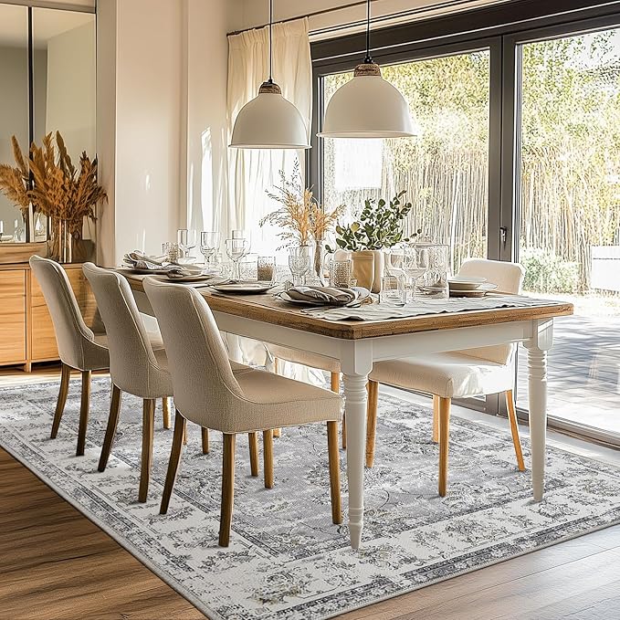 jinchan Fiora Vintage Floral 6x9 Area Rugs for Living Room - Machine Washable Distressed Design Stain Resistant Boho Carpet Ultra-Thin Low Pile Non-Slip Rug for Bedroom Dining Room (6'x9', Grey)