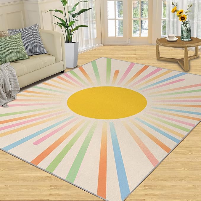 Boho Sun Runner Rugs 2x4ft, Minimalist Sunburst Small Entryway Mats, Abstraction Deco Laundry Room Rug Non Slip Durable Throw Rugs for Front Door Bedroom Bedside
