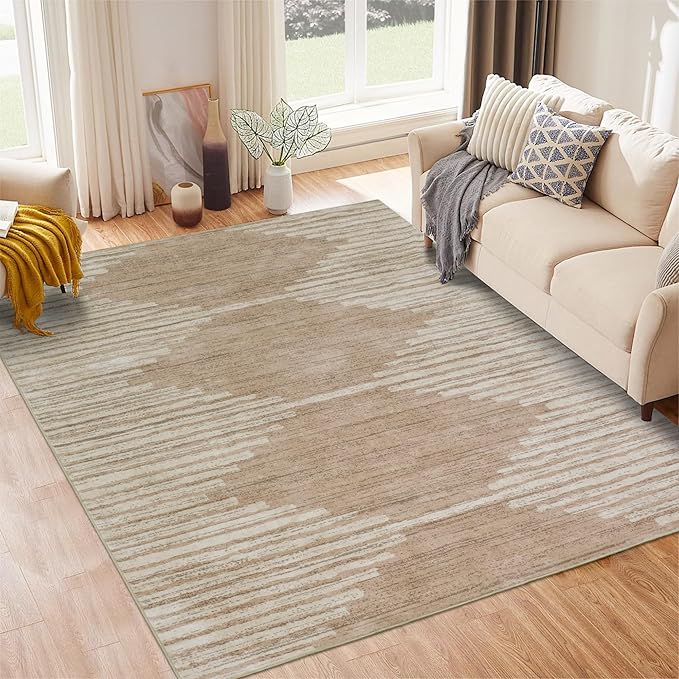 HelloTree Area Rug for Living Room 5x7 Washable Geometric Moroccan Rug Stripe Farmhouse Bohemian Minimalistic Non Slip Non Shedding Ultra Thin Soft Rug for Bedroom Office DiningRoom Nursery-Pink&Khaki
