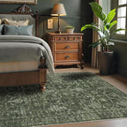 Washable Area Rug 4x6 Green Rugs for Living Room, Vintage Boho Large Rug for Bedroom Dining Room Office, Distressed Floral Print Carpet for Under Table, Soft Non Slip Low Pile Throw Carpet Indoor Mat