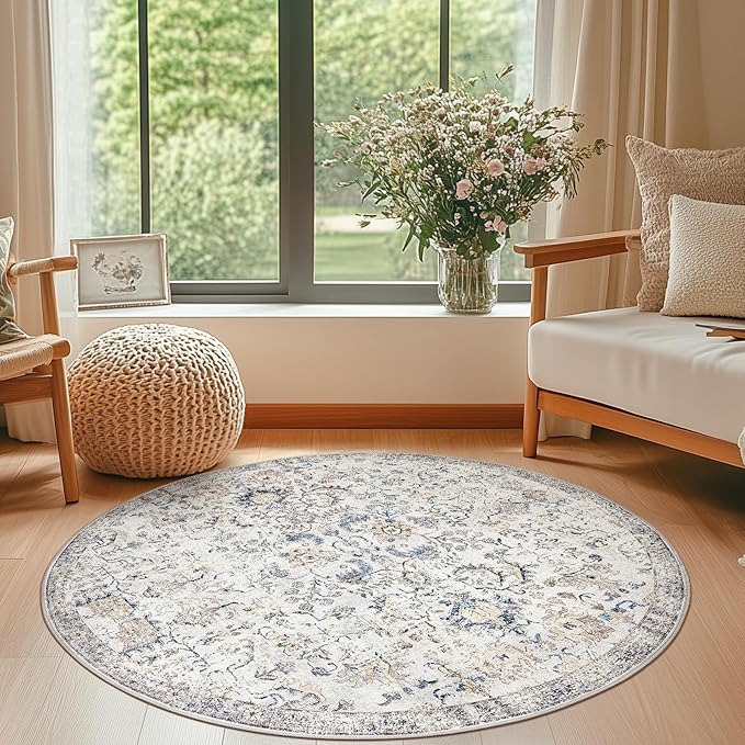 jinchan Kalen Round Rug 4ft Area Rug Entryway Washable Vintage Indoor Retro Floor Cover Distressed Floral 4' Round Circle Boho Non Slip Thin Carpet for Kitchen Bedroom Living Room Dining Room Blue