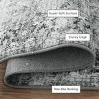 LIVEBOX Washable 9x12 Area Rug for Living Room, Large Grey Neutral Boho Floral, Soft Anti-Skid Thin, Vintage Faux Wool for Office, Bedroom, Dining Room
