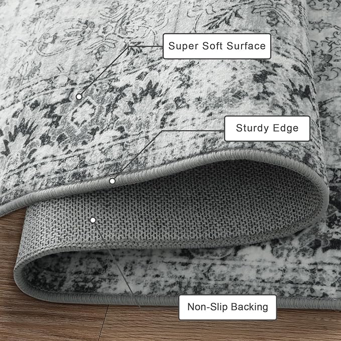 LIVEBOX Washable 9x12 Area Rug for Living Room, Large Grey Neutral Boho Floral, Soft Anti-Skid Thin, Vintage Faux Wool for Office, Bedroom, Dining Room