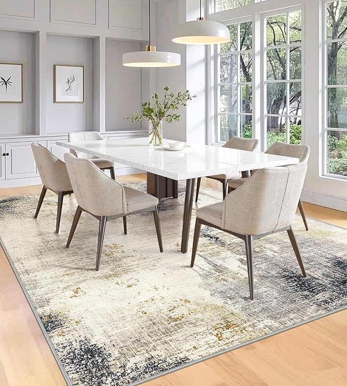 6x9 Washable Area Rugs - Modern Abstract Rugs for Living Room Non-Slip Low Pile Soft Machine Washable Carpet for Bedroom, Dining Room, Nursery, Home Office, Farmhouse (6'x9' Beige Tan)