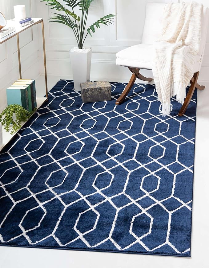 Unique Loom Glam Collection Area Rug - Trellis (6' 1' x 9' Rectangle, Navy Blue Silver/ Silver)