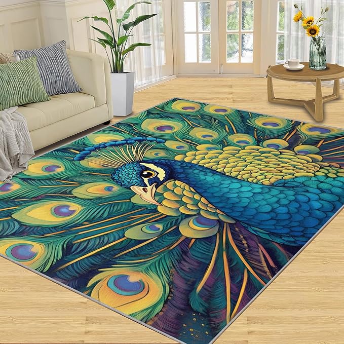 Peacock Rug 3x5-3x5 Rug, Wonderful Peacock Area Rugs for Bedroom, Teal Turquoise Rugs for Living Room, Modern Style Washable Mat, Malachite Green Feather Carpet - Peafowl Home Decor & Gifts