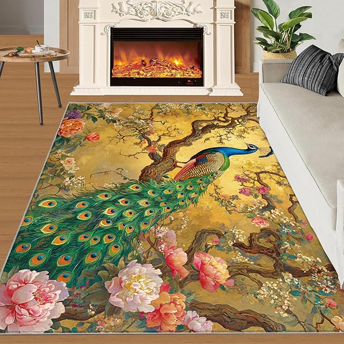Peacock Peony Rugs for Bedroom - 5x6 Rug, Classic Peacock Peony Area Rugs for Living Room, Oriental Carpet, Floral Plant Washable Area Mat, Aesthetics Carpet - Peafowl Home Decor & Gifts