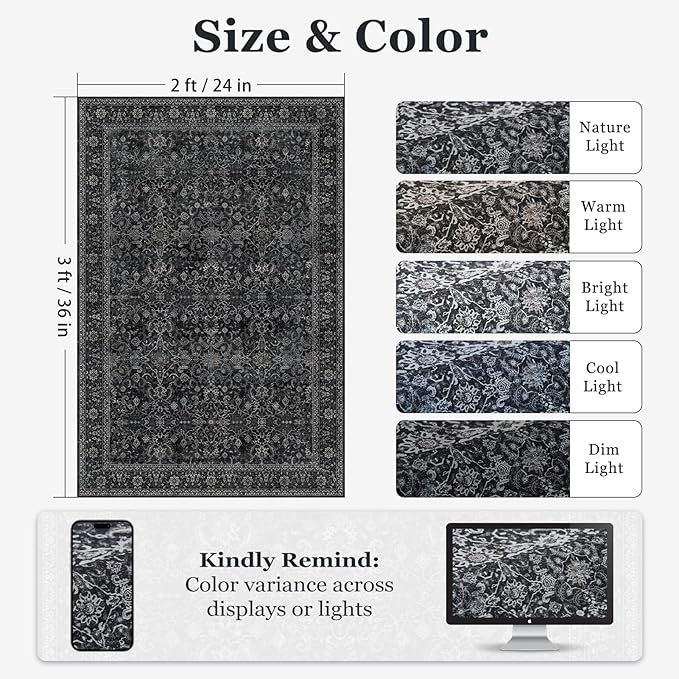 Charcoal Black Entryway Rug Indoor, 2x3 Small Door Rugs for Entry Way/Kitchen/Bathroom, Washable Non Slip Low Pile Thin Door Mat Indoor Entrance, Vintage Retro Dark Rug with Decorative Fringe
