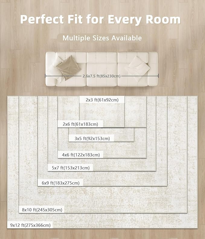 Area Rug 4x6 Entryway Rugs - Machine Washable Vintage Boho Area Rug Non-Slip Bedroom Rugs Soft Stain Resistant Living Room Carpet, Oriental Distressed Rug for Dining Room Office Nursery(Ivory, 4'x6')