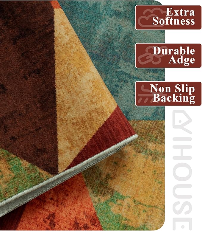 YIHOUSE Brown Area Rug 5x7,Geometric Burnt Orange Area Rug Non Slip,Farmhouse Rugs Washable,Vintage Burgundy Carpets for Bedroom, Boho Rug for Kitchen,Dining Room