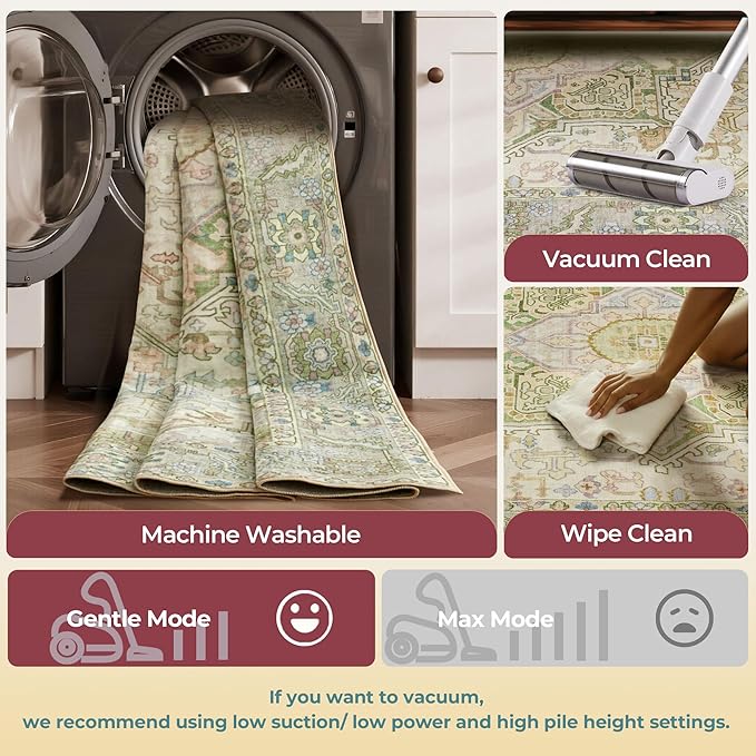 Kokia 8x10 Washable Sage Green Area Rugs with Vintage Orient Design Soft Rug for Living Room or Bedroom Non-Slip Low Pile Stain Resistance Features Distressed Medallion Pattern