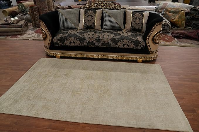 Rug Source Transitional Collection, 5x8 Rug, Hand Knotted Beige & Ivories All-Over Rug, Oriental Viscose Silk Carpet for Foyer, Entryway and Hallway