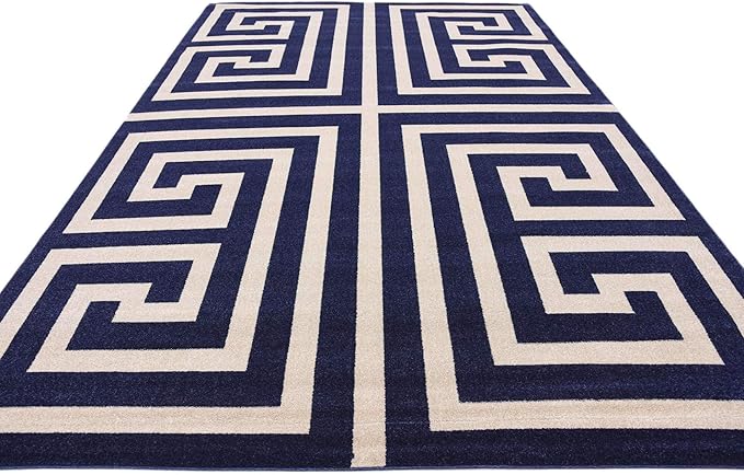 Unique Loom Athens Collection Classic Geometric Modern Border Design Area Rug (8' 0 x 11' 4 Rectangular, Navy Blue/ Beige)