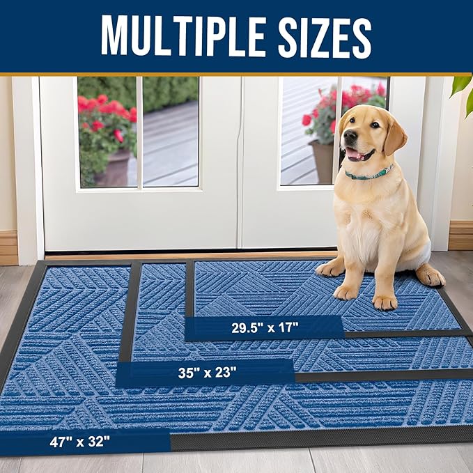 Kitinjoy Front Door Mat Outside Entrance, Sturdy Natural Dirt Trapper, Heavy Duty Rubber Doormat, Low Profile Non-Slip Backing, Easy Clean Floor Mat for Indoor Outdoor Entry, 29.5X17 Inch, Blue