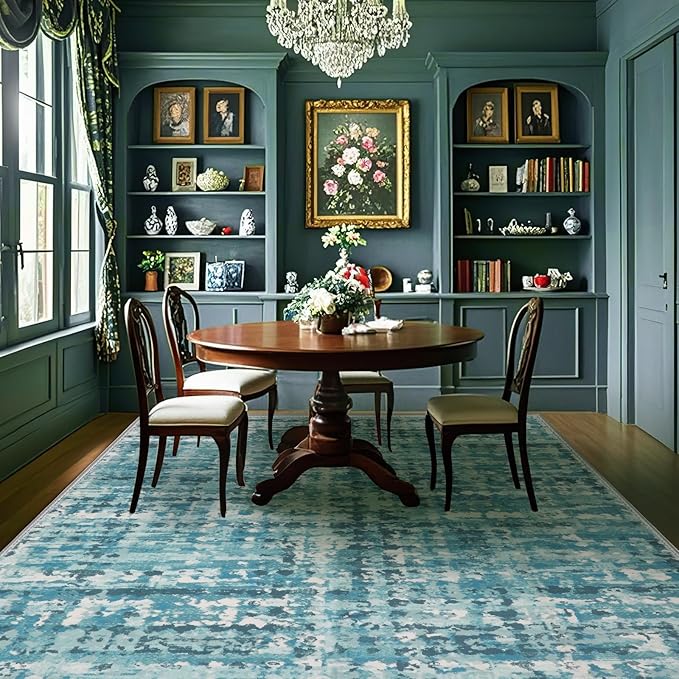 6x9 Abstract Area Rugs for Living Room, Modern Teal Blue Washable Indoor Rug for Bedroom, Thin Soft Large Non-Slip Carpet for Dining Room Home Office Farmhouse Decor