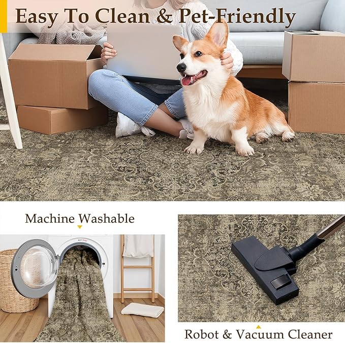 6x6 Washable Brown Round Rug Vintage Living Room Bedroom Circle Rug Non-Slip Soft Low Pile Distressed Indoor Carpet for Kitchen Dining Room Office