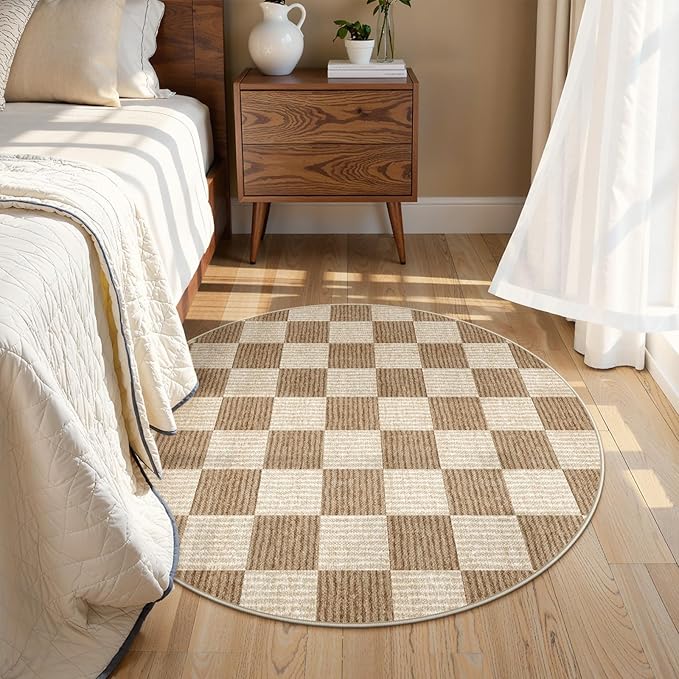 LIVEBOX Checkered Round Rug 4 Ft Washable Area Rug for Playroom, Kids Non-Slip Neutral Classic Circle Rug Geometric Large Carpet Soft Boys Rug for Classroom Dorm Bedroom(Brown,120R)