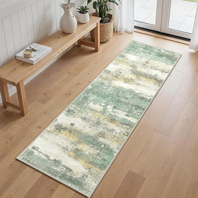 GENIMO Runner Rug Non Slip 2'6"x6', Washable Rug Runner for Hallways Kitchen, Abstract Modern Kitchen Rugs, Low Pile Lightweight Carpet Runners for Entryway, Bedroom, Laundry, Light Green
