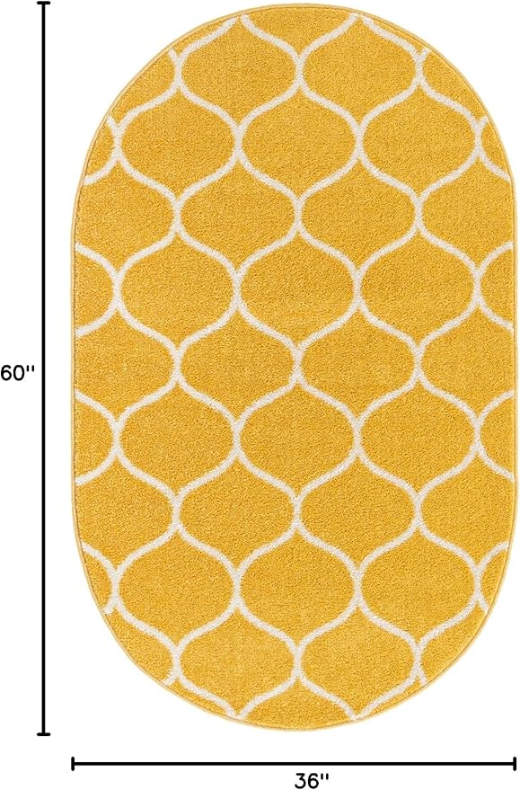Rugs.com Lattice Frieze Collection Rug – 3' 3 x 5' 3 Oval Yellow Medium Rug Perfect for Living Rooms, Large Dining Rooms, Open Floorplans