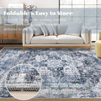 Area Rug 8x10 Washable Rug, Vintage Boho Medallion Rugs Non-Slip Soft Low Pile Large Distressed Rug Indoor Retro Carpet for Living Room Bedroom Dining Room Home Office (Blue, 8'x10')