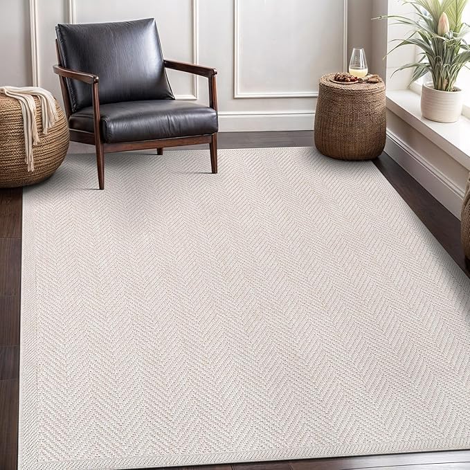 CAMILSON Easy Jute Rug 5x7, Indoor Outdoor Off-White Color Fiber Area Rugs for Living Room Patio and Kitchen Rug Herringbone Seagrass Woven Design Easy-Cleaning Washable Outside Carpet Alfombras 5 x 7