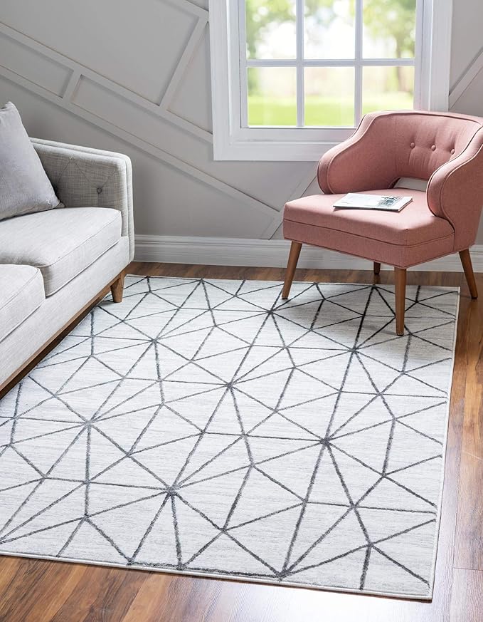 Rugs.com Lattice Trellis Collection Rug – 4' x 6' White Low-Pile Rug Perfect for Living Rooms, Large Dining Rooms, Open Floorplans