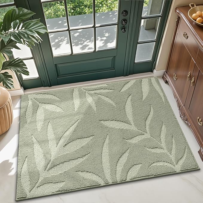 LUMI Front Door Mat Indoor Entrance 36"x60", Low Profile Welcome Mat, Non-Slip Washable Doormat with Rubber Backing for Entrance, Patio, Garage, Green