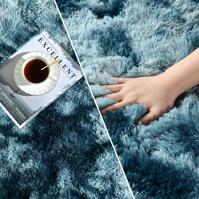 Large Shag Area Rugs 6 x 9, Tie-Dyed Plush Fuzzy Rugs for Living Room, Ultra Soft Fluffy Furry Rug for Bedroom, Indoor Carpet Nursery Rugs for Kids Room Home Decor, Peacock Blue