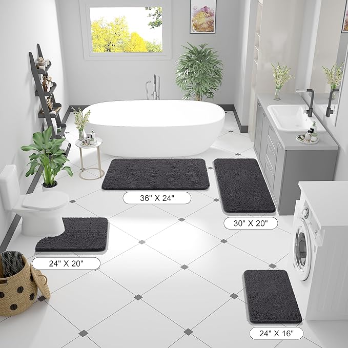 OLANLY Bathroom Rugs 44x24, Extra Soft Absorbent Chenille Bath Rugs, Rubber Backing Quick Dry, Machine Washable Bath Mats for Bathroom Floor, Tub and Shower, Home Decor Accessories, Dark Grey