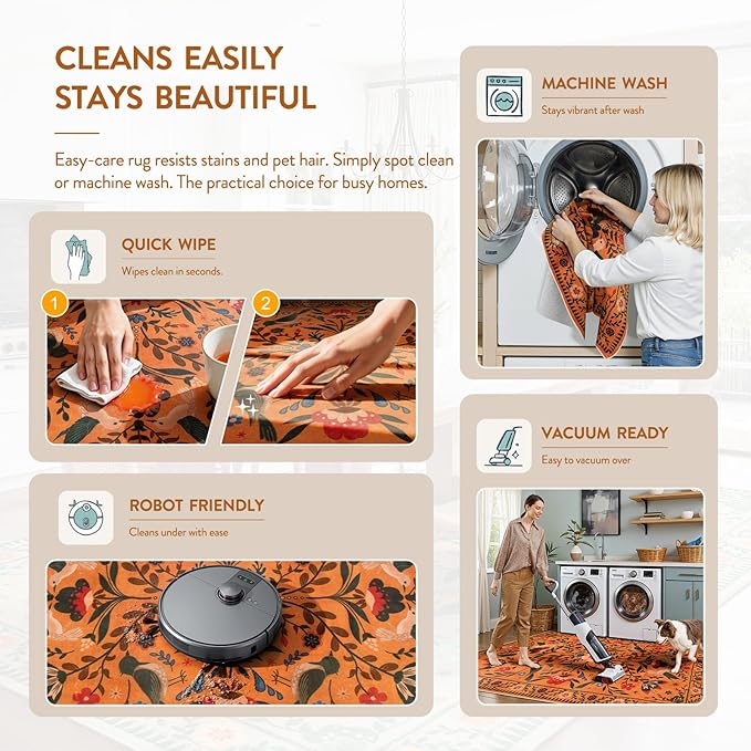 Moynesa Bedroom Rug 5x7, Washable Bohemian Scandinavian Orange Area Rugs for Living Room Dining Room Reading Coner, Modern Country Floral Bird Carpet, Fall Home Decor Non-Slip Protection