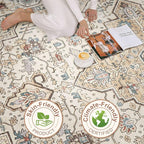 7x9 Area Rug Living Room: Washable Boho Large Neutral Vintage Soft Rugs Stain Resistant Farmhouse Non Slip Indoor Floor Carpet for Bedroom Nursery Kids Playroom Office Dining Room- Cream Blue