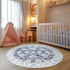 jinchan Fiora Round Rug 6ft Area Rugs Vintage Floral Distressed Design - Machine Washable Non-Slip Low-Pile Ultra-Thin Circle Rug for Entryway Bedside Living Room Bedroom (6' Round, Dark Blue)