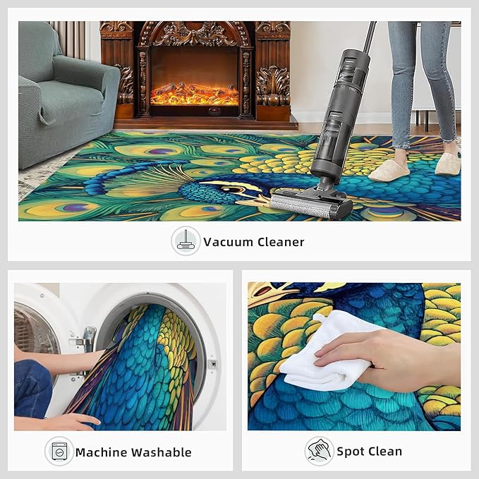 Peacock Rug 4x6-4x6 Rug, Wonderful Peacock Area Rugs for Bedroom, Teal Turquoise Rugs for Living Room, Modern Style Washable Mat, Malachite Green Feather Carpet - Peafowl Home Decor & Gifts