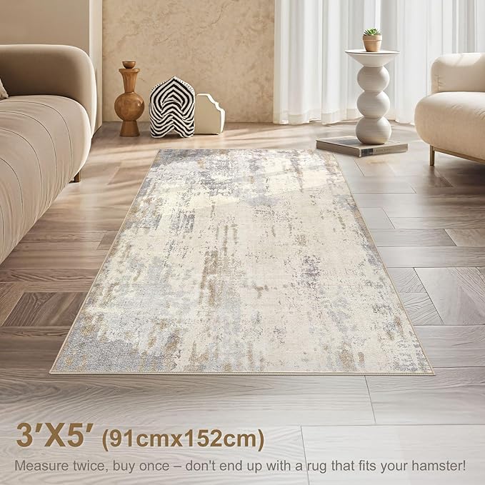 3x5 Area Rug Living Room Rugs - Washable Neutral Modern Abstract Soft Thin Rug Indoor Floor No Slip Rug Carpet for Bedroom Under Dining Table Home Office Decor - Light Brown/Gray
